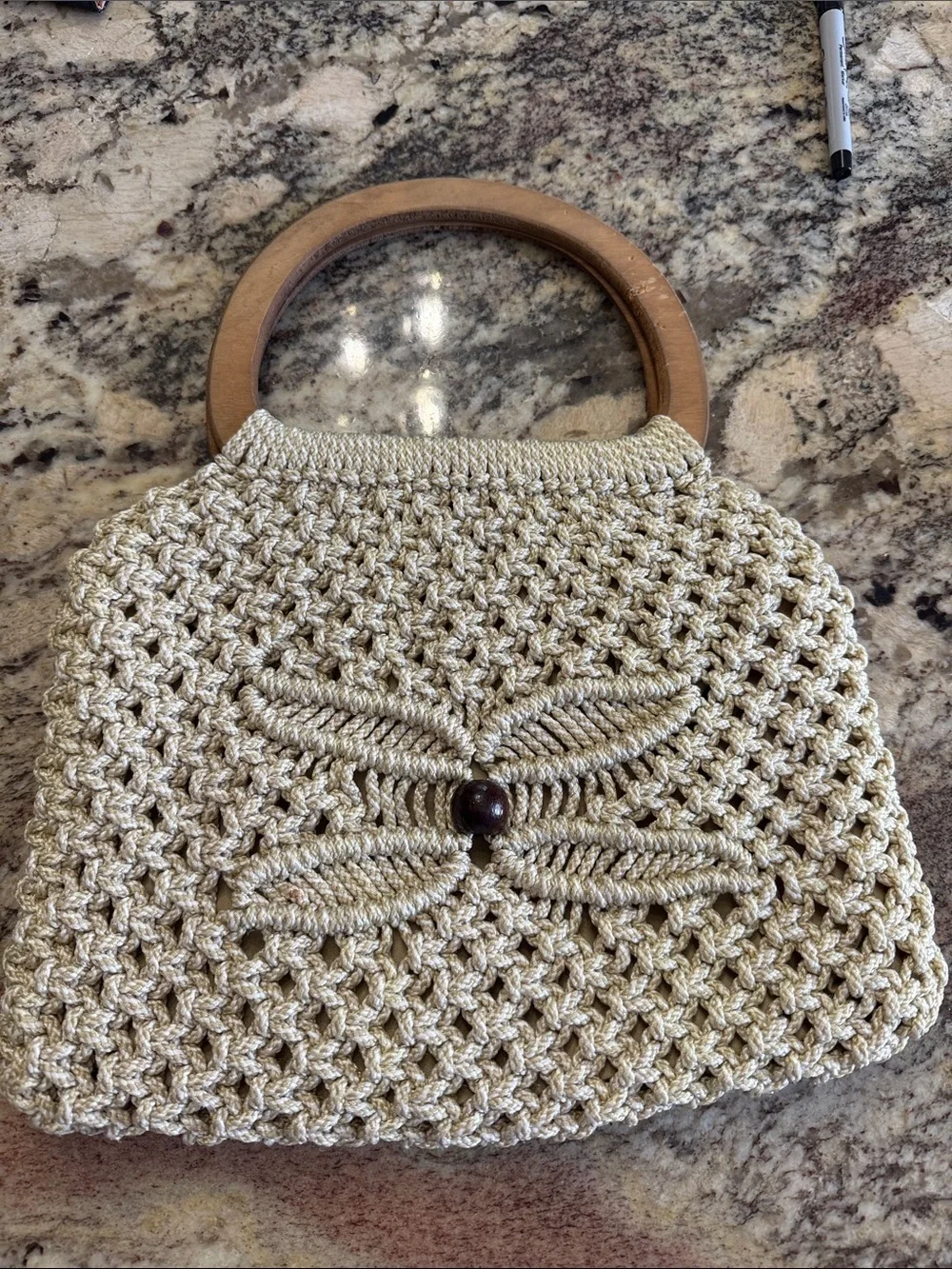 Cream Crochet macrame Handbag with Wooden Handles lined